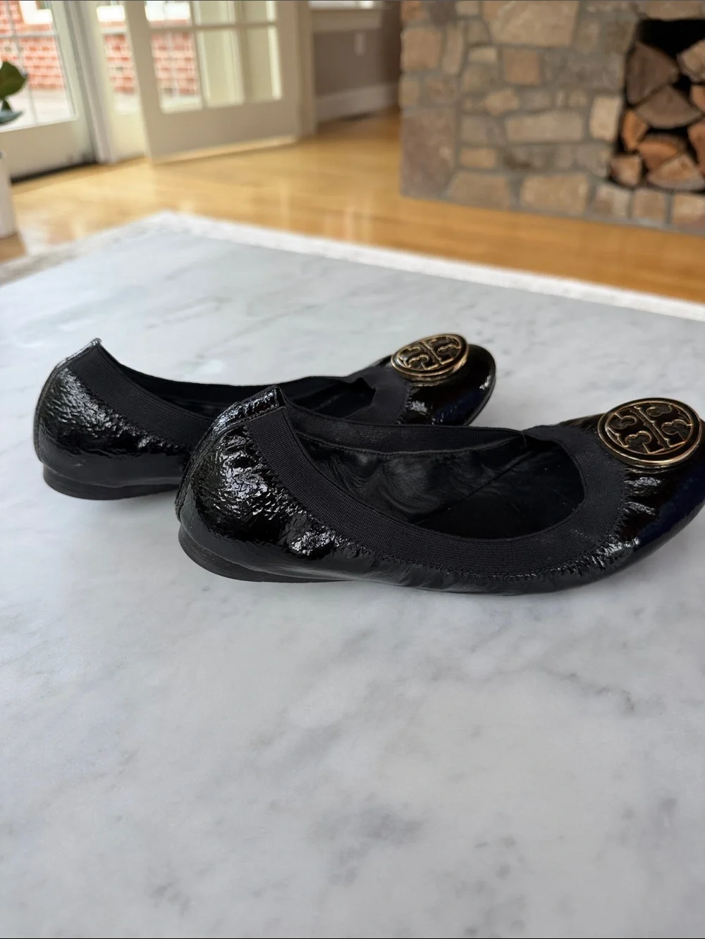 Tory Burch Black Patent Leather Logo Ballet Flats with Gold Emblem